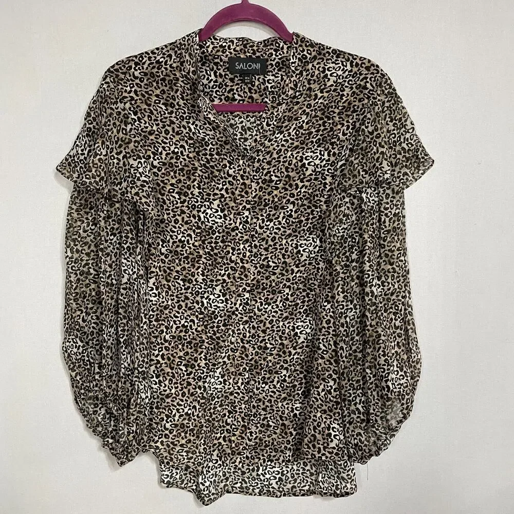 Saloni Button Down Top Women US 12 Brown Cheetah Flutter Silk Blouse Classic - Picture 1 of 9